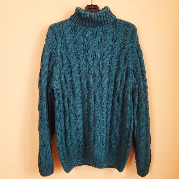 Simons Teal Cable Knit Chunky Turtleneck Sweater Large Unisex - Picture 2 of 13